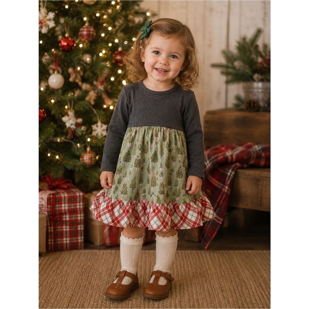 Ricrac & Ruffles Heather Grey Christmas Tree Plaid Novelty Print Tiered Dress 3T
